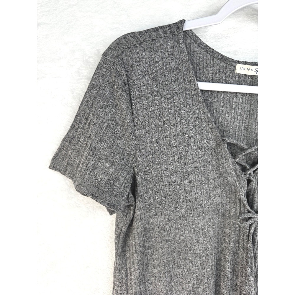Live To Be Spoiled Womens Large Grey Ribbed Lace Up V-Neck Short Sleeve Top - Picture 5 of 8
